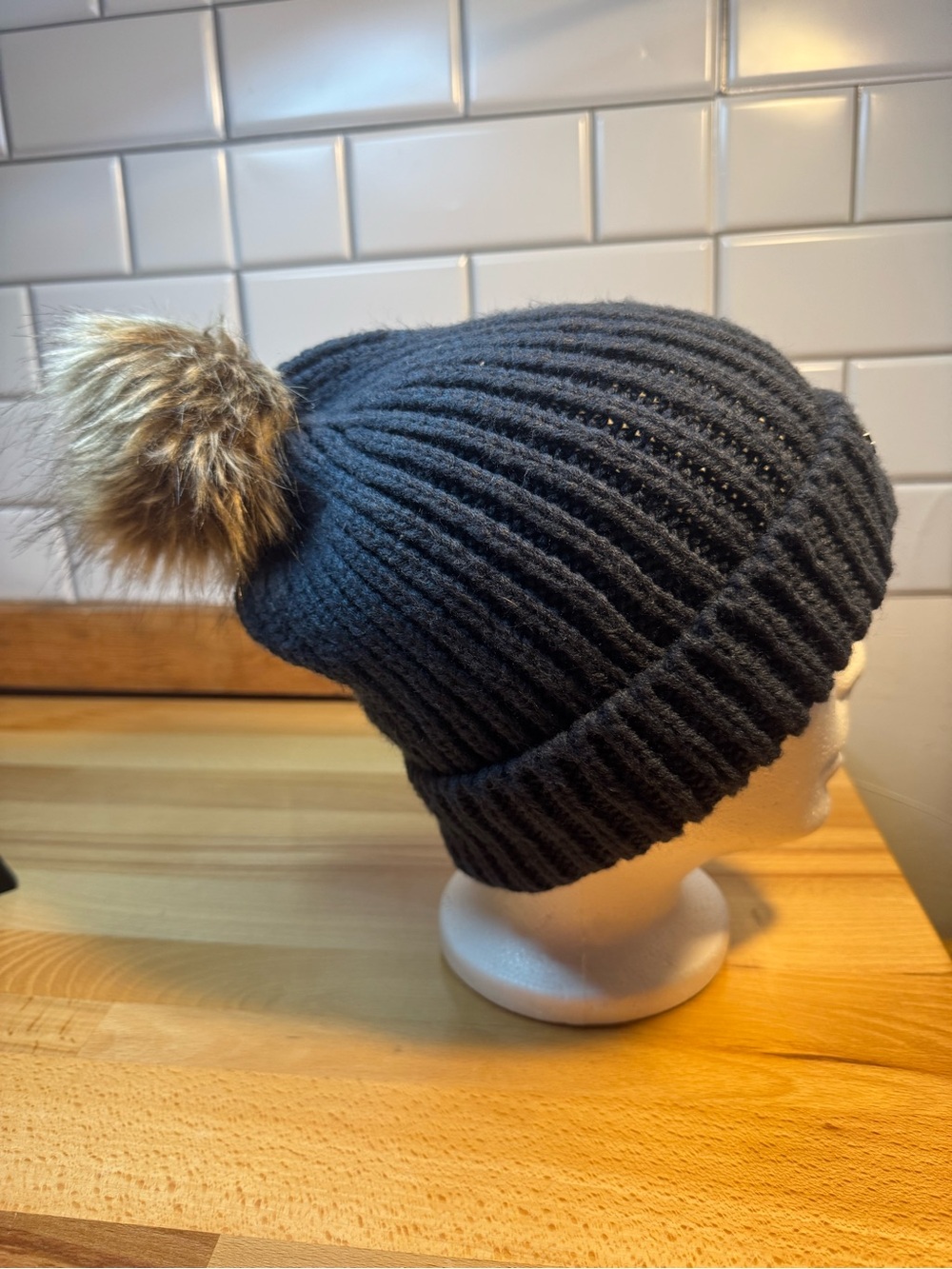 Ribbed Black Knit Beanie with Faux Fur Pom Pom